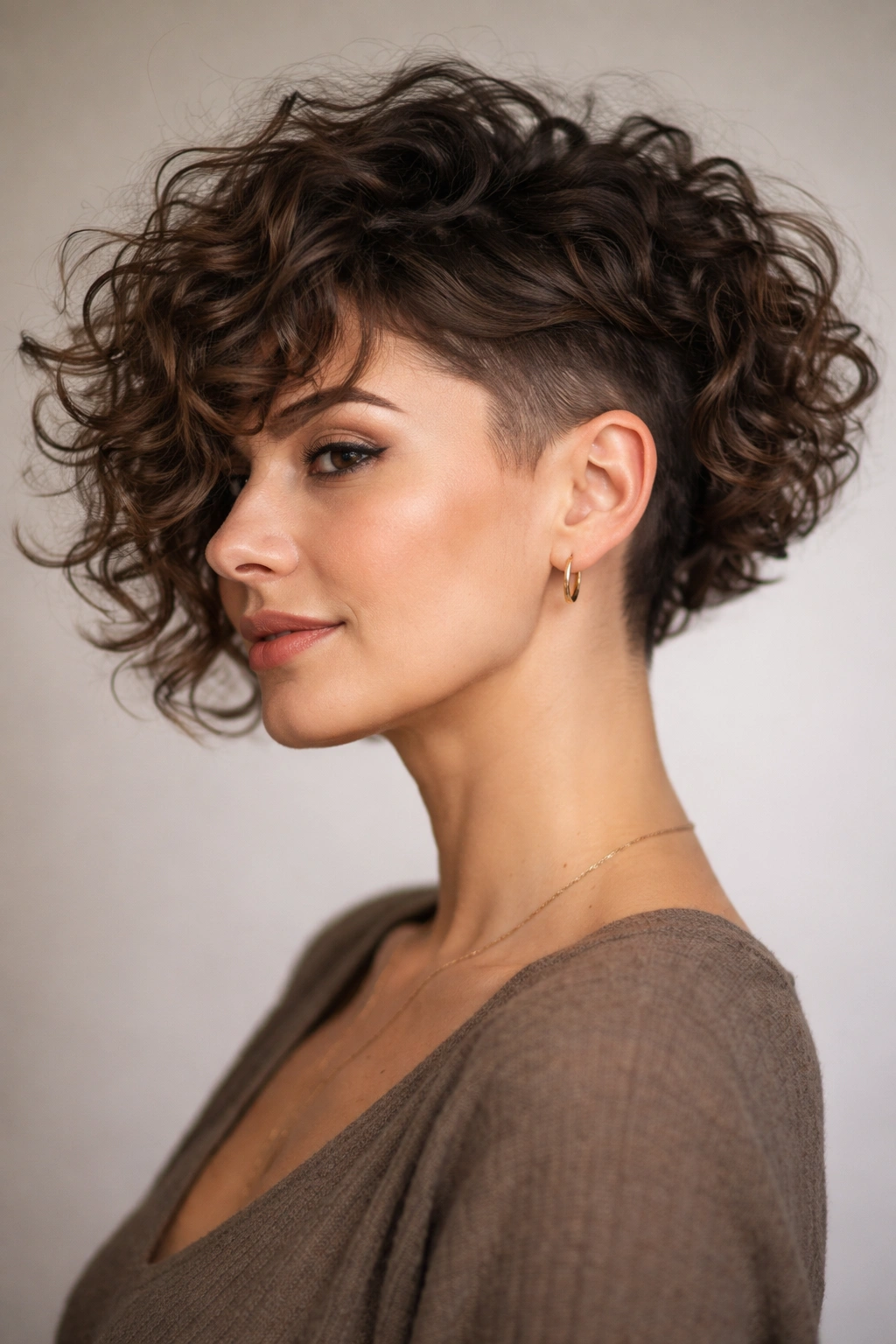 Close-up of Choppy Curly Bob with Undercut Detail showing short sides and textured top curls