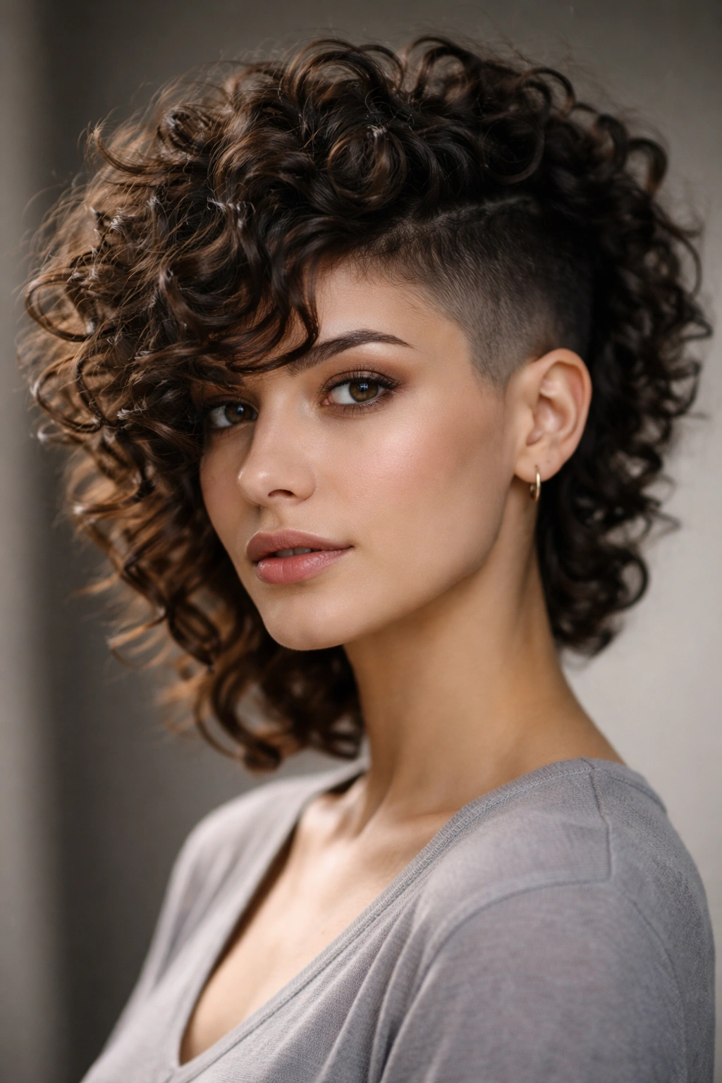 Undercut hairstyle with long curls on top and shaved sides framing the face