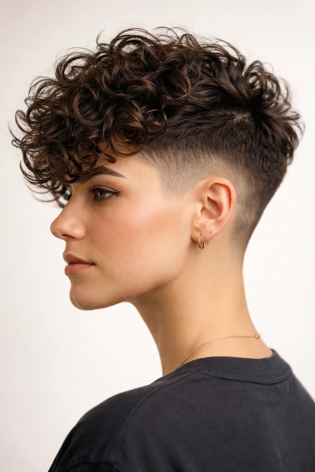 Profile view of an undercut with long top curls and short sides