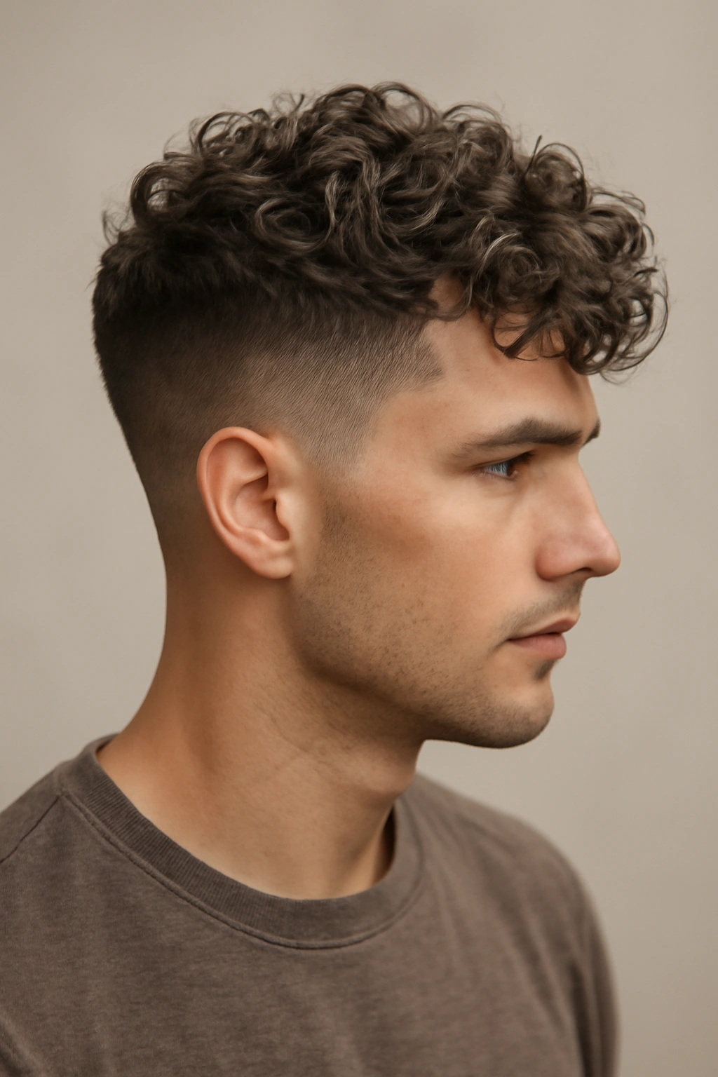 3/4 view of undercut curls showing short sides and longer top curls