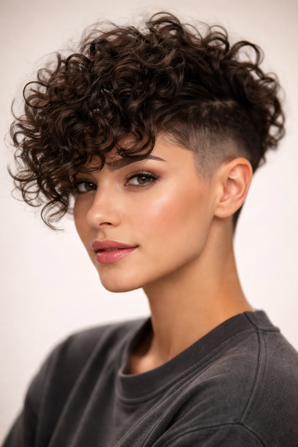 Undercut with voluminous curly bangs and shaved sides.
