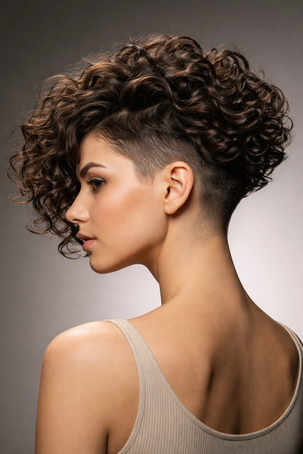 Undercut curly bob showing shaved undercut beneath long curly top
