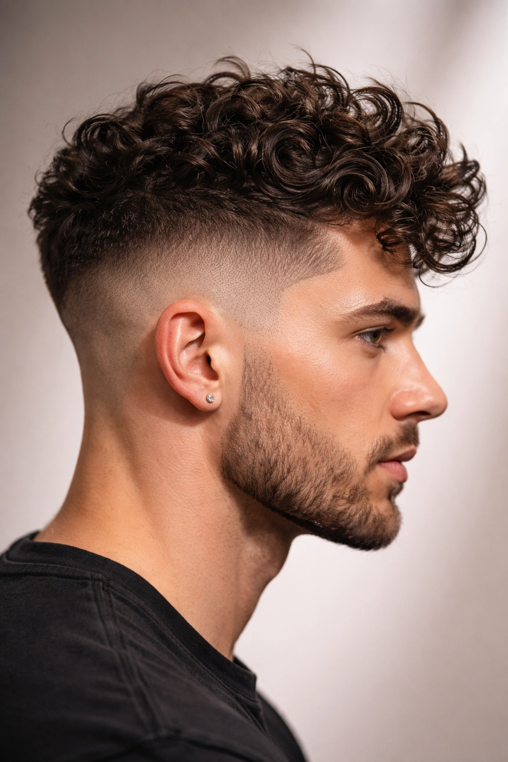 High-fade curly undercut with long textured top and shaved sides