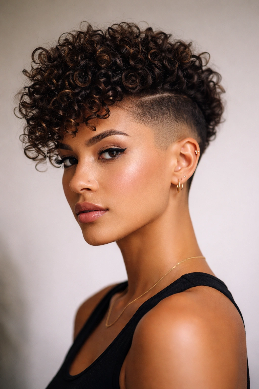8 Curly Mohawk Styles That Stand Out On Women 6 Undercut with curly fade showing top curls over a tapered fade