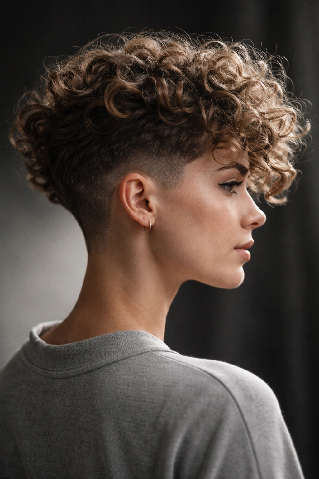 Side profile of a model showing a shaved undercut with curly hair on top