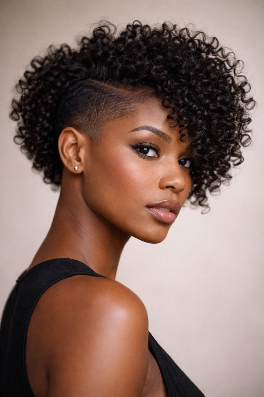 Curly textured bob with undercut showing short sides and voluminous top.