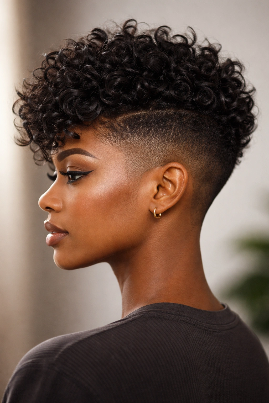 Undercut with curly top on a Black woman highlighting contrast