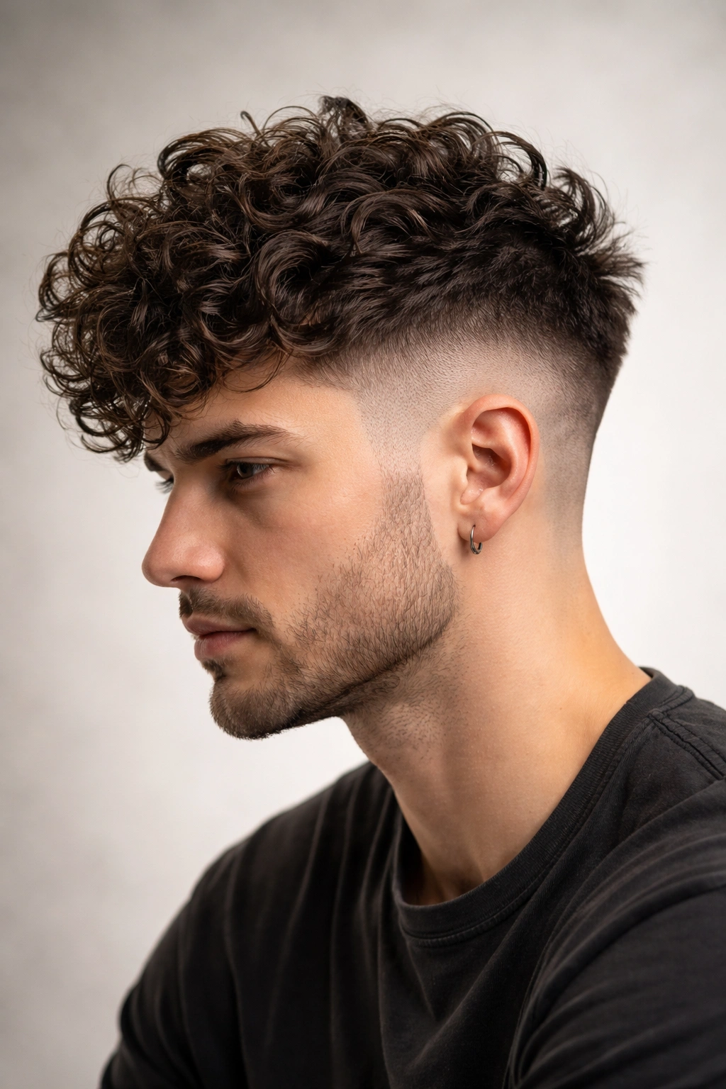 Profile view of a person with an undercut and curly top