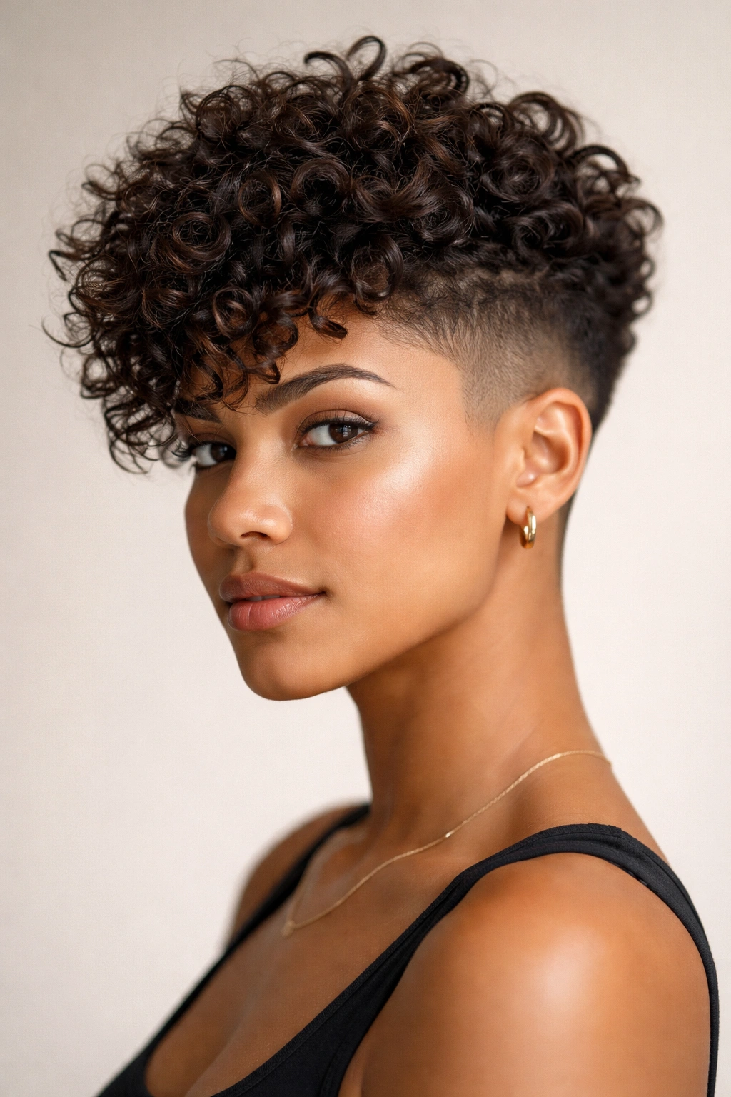 12 Short Haircuts For Type 3 Curly Hair To Try 10 Frontal view of dramatic undercut with longer, textured curls on top