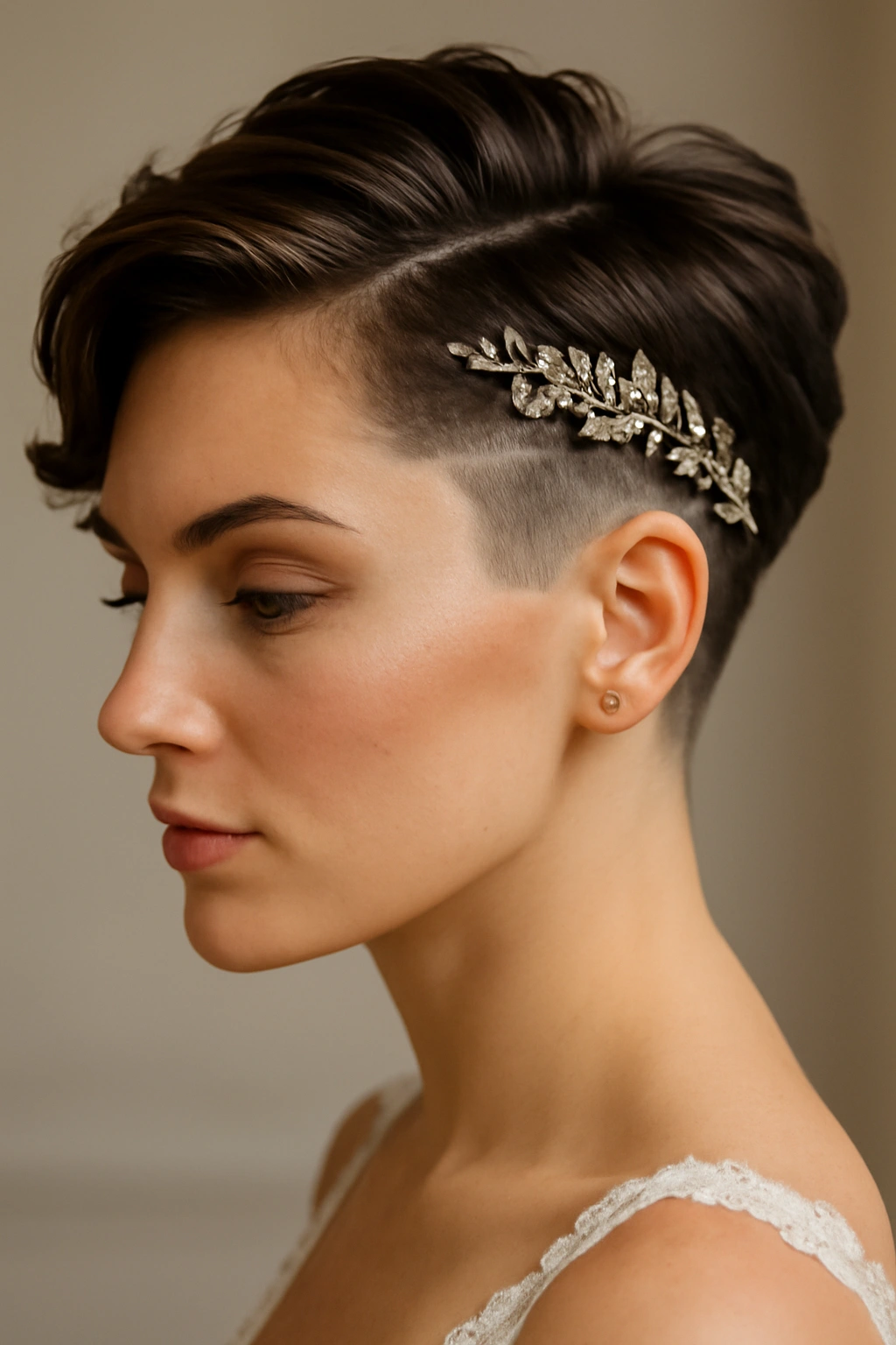 18 Wedding Hairstyles That Look Amazing on Short Hair 8 Profile view of a bold undercut with longer textured top and decorative side piece