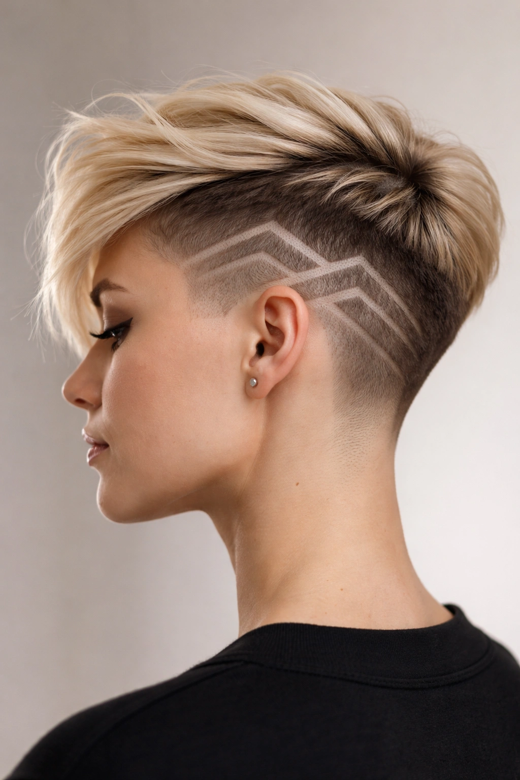 Close-up profile of a blonde head with a geometric shaved undercut