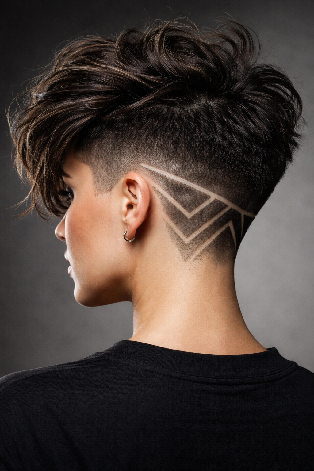 Close-up of an undercut design with shaved sides and geometric pattern