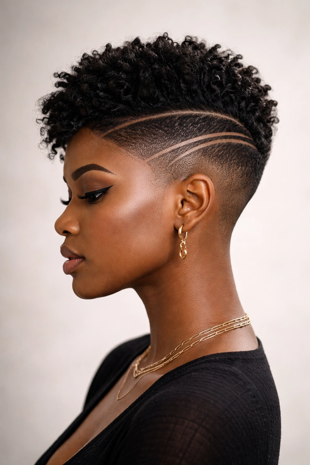 Profile view of Undercut with Custom Design Details showing shaved side and carved design lines.