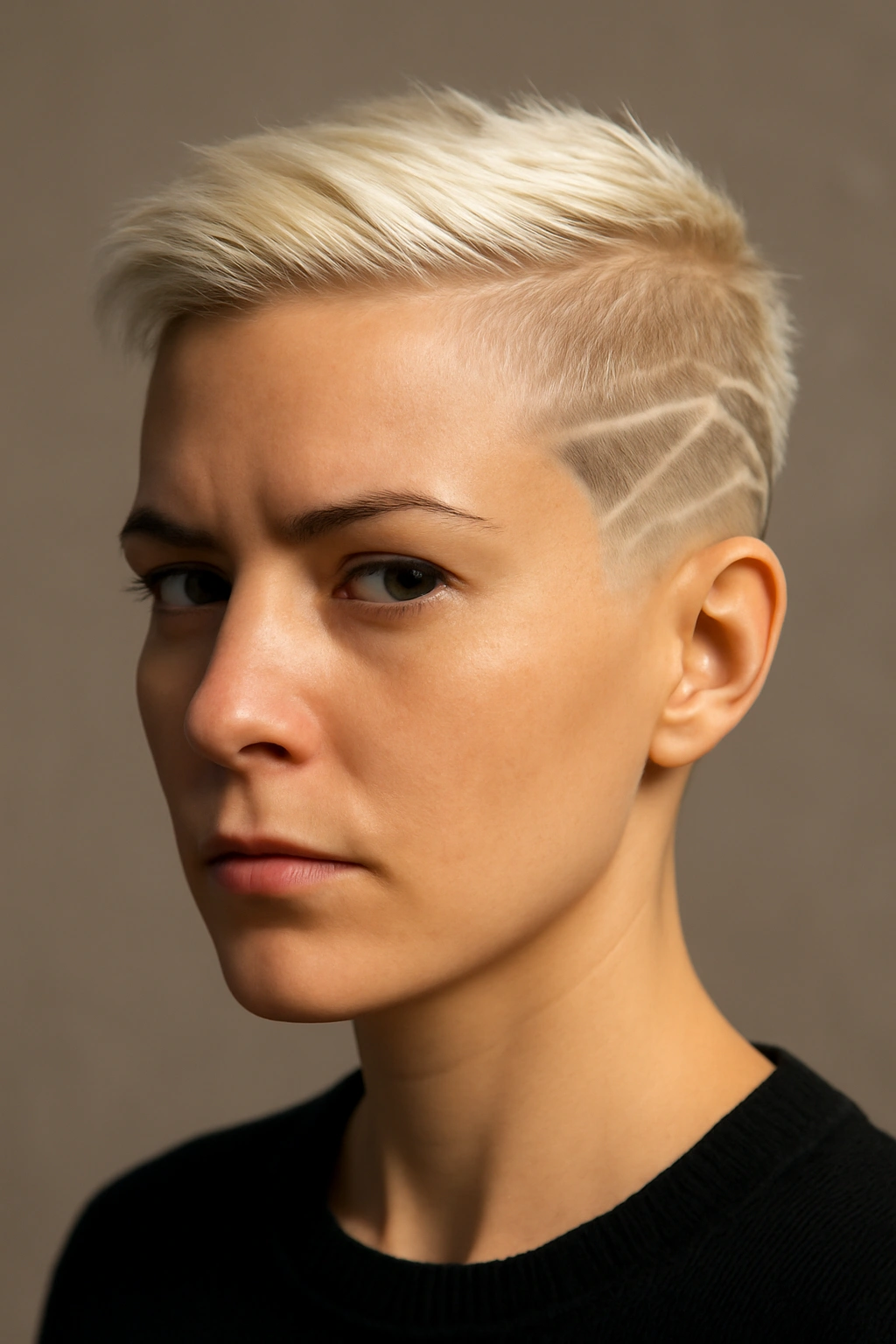 10 Platinum Blonde Short Haircuts Women Are Getting Now 7 Close-up of platinum blonde undercut with geometric shaved design on the sides