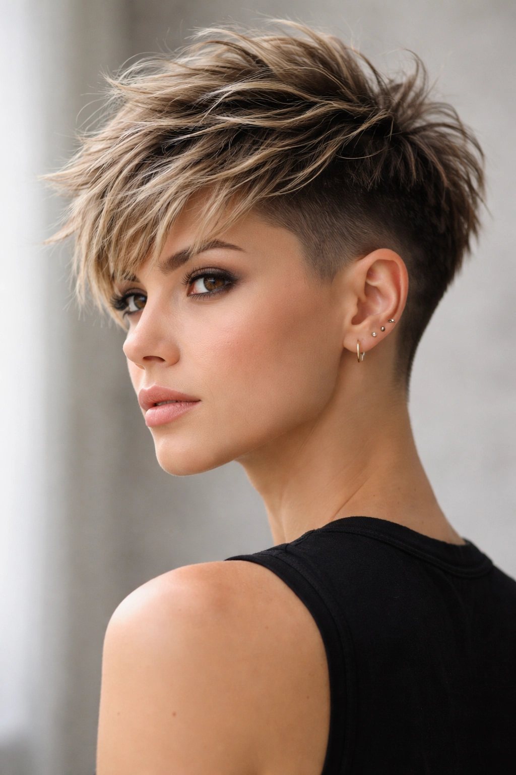 12 Short Choppy Haircuts With Natural Movement 5 Side view showing disconnected short top and longer underneath in undercut.