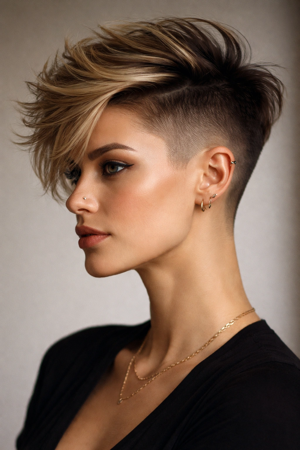 Portrait of a person with a disconnected undercut showing a textured top and short sides
