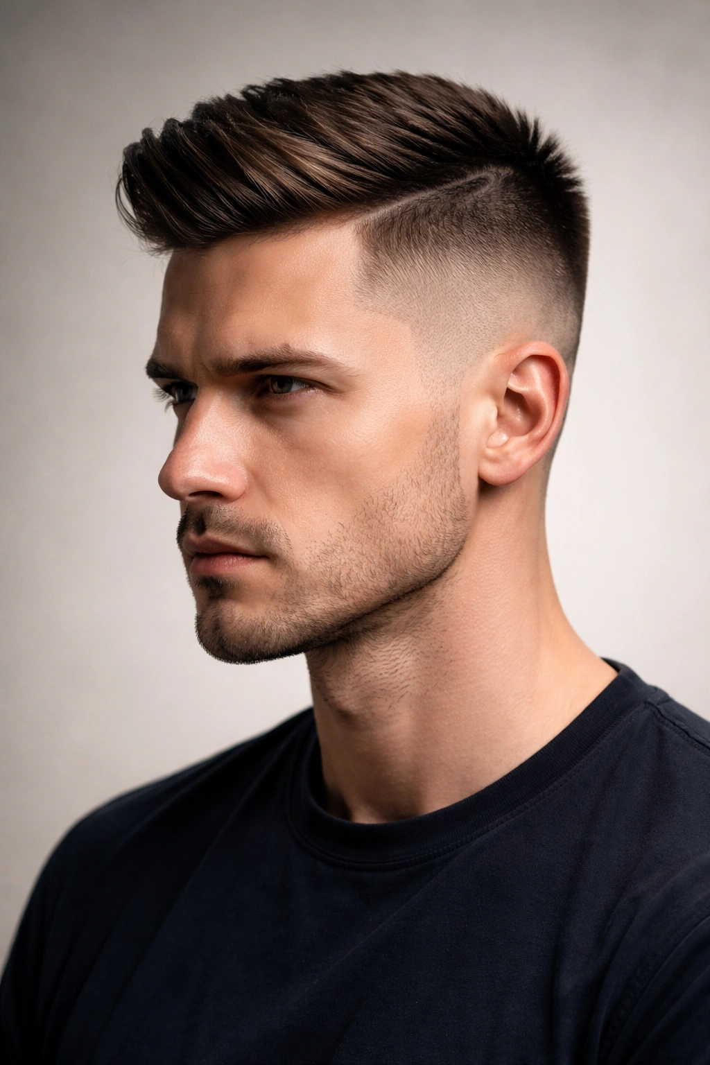 Portrait of a man with a disconnected undercut showing a sharp contrast between sides and top