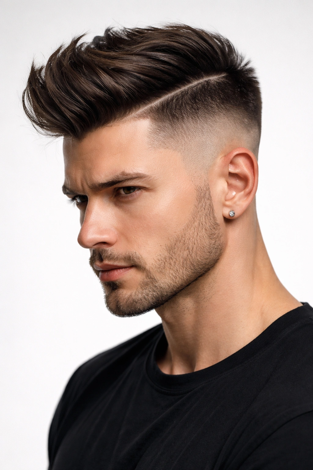 Head shot showing a clearly defined disconnected undercut with a sharp top-sides split