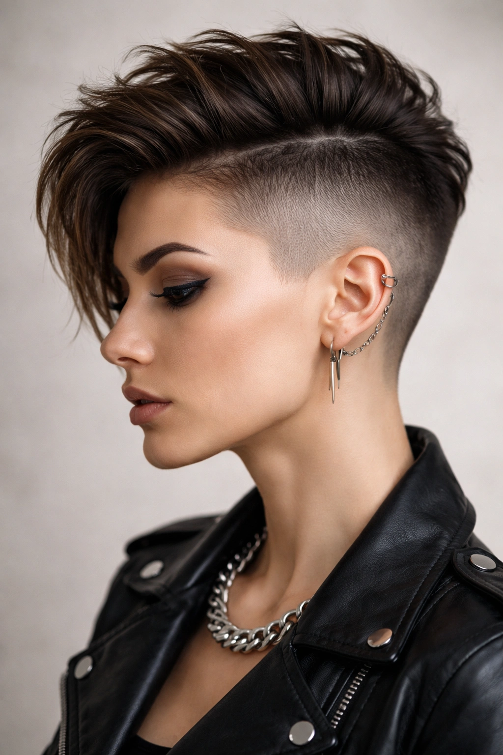 Profile portrait showing a disconnected undercut with a sharp line between shaved sides and longer top.
