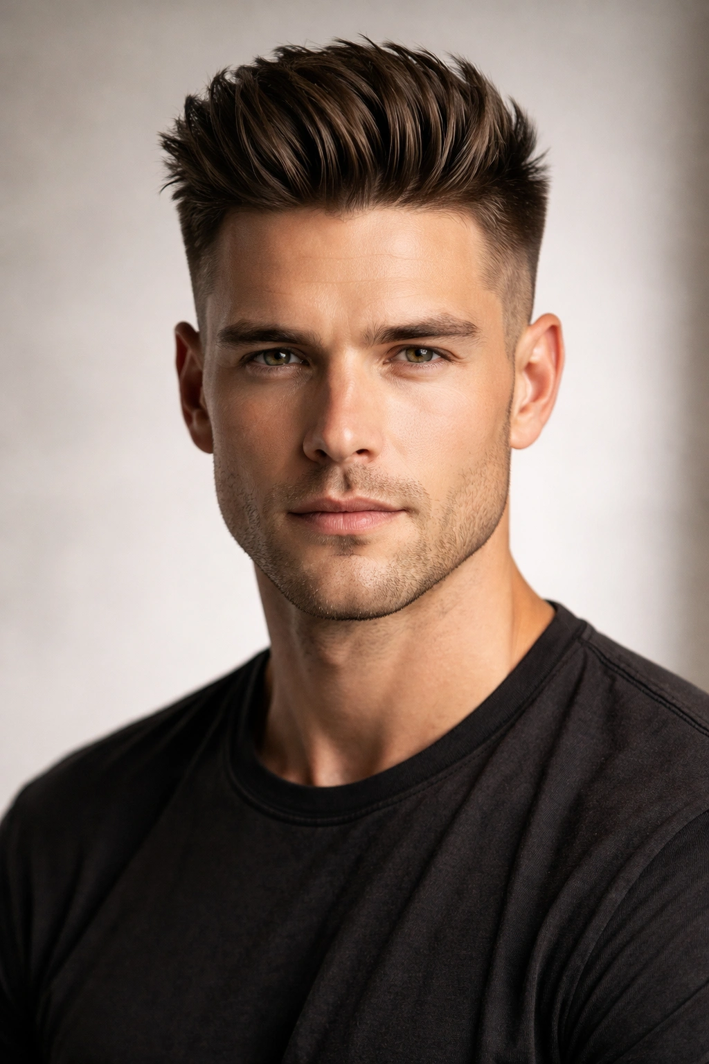 Undercut hairstyle on a man with a square/oval face showing height on top.