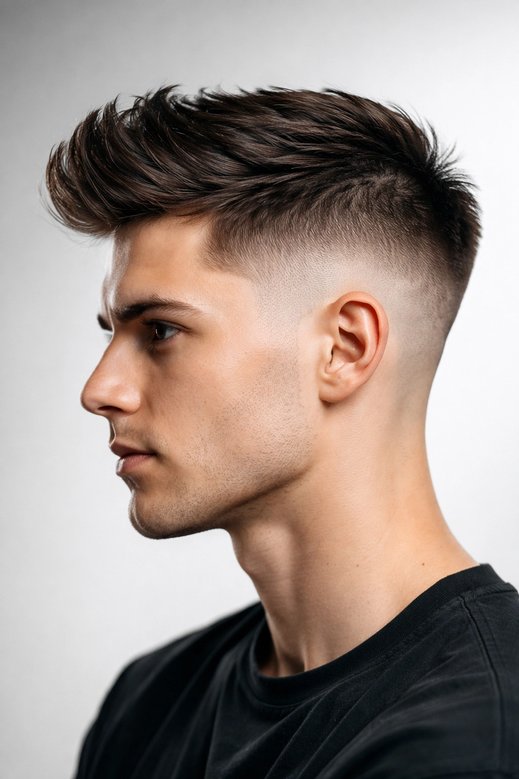 Side profile of a head with a bold undercut fade and longer top.