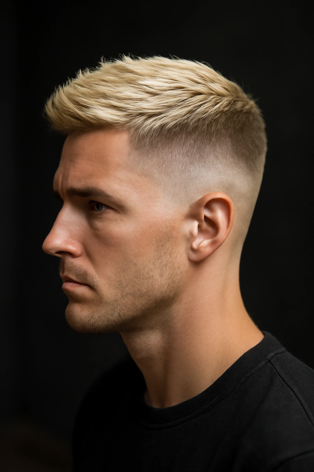15 Short Blonde Haircuts to Bring to Your Next Appointment 6 Blonde undercut fade with very short sides and longer top shown in studio portrait