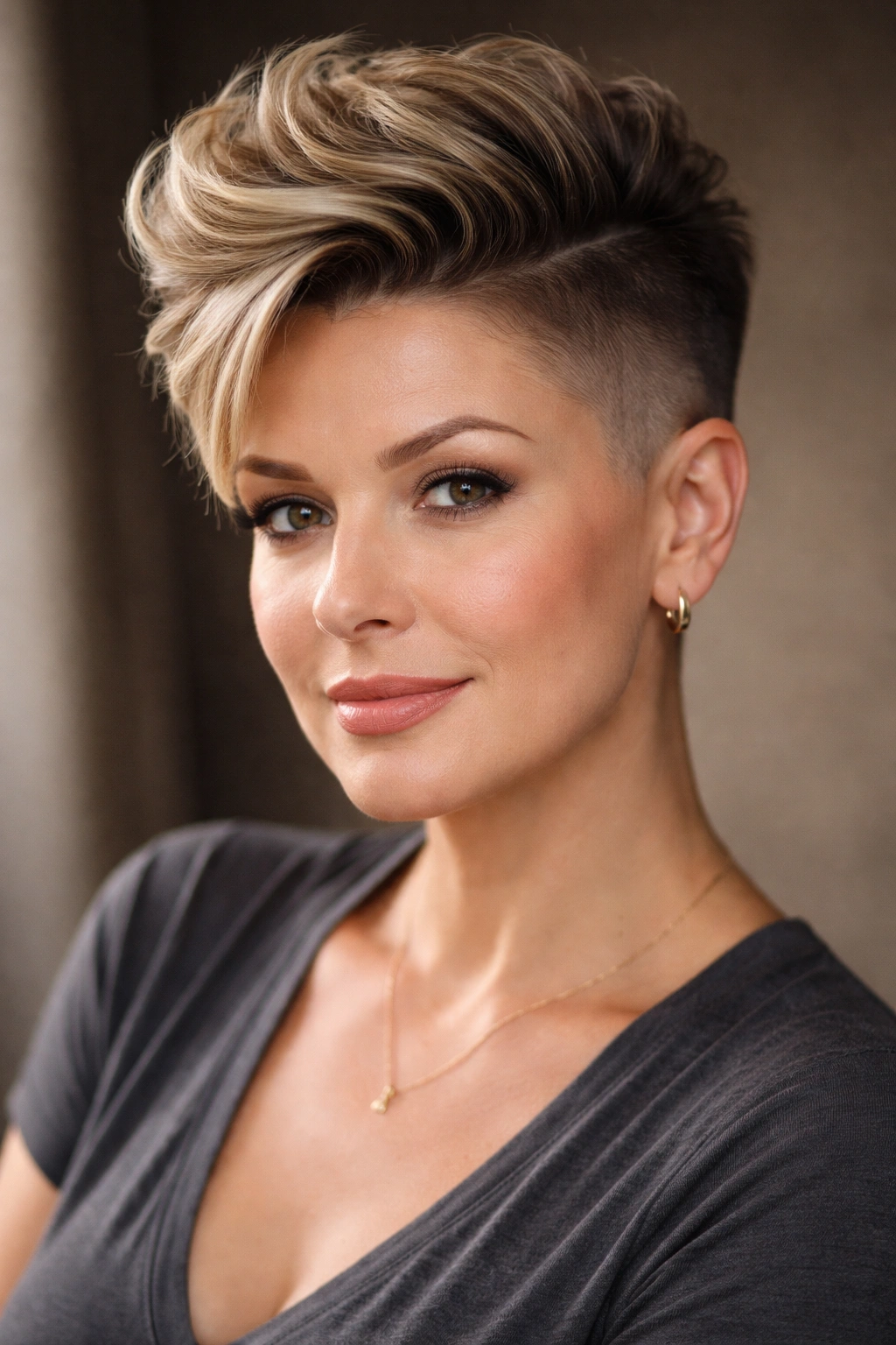 18 Short Hairstyles For Round Faces Over 40 6 Round-faced woman with an undercut fade, long top and shaved sides