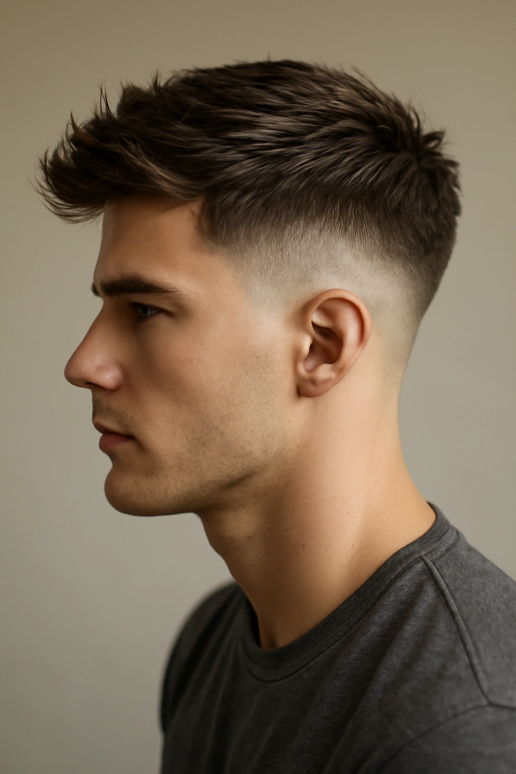 12 Wash and Wear Haircuts for Easy Mornings 5 Side-profile of a person with an undercut fade and textured top