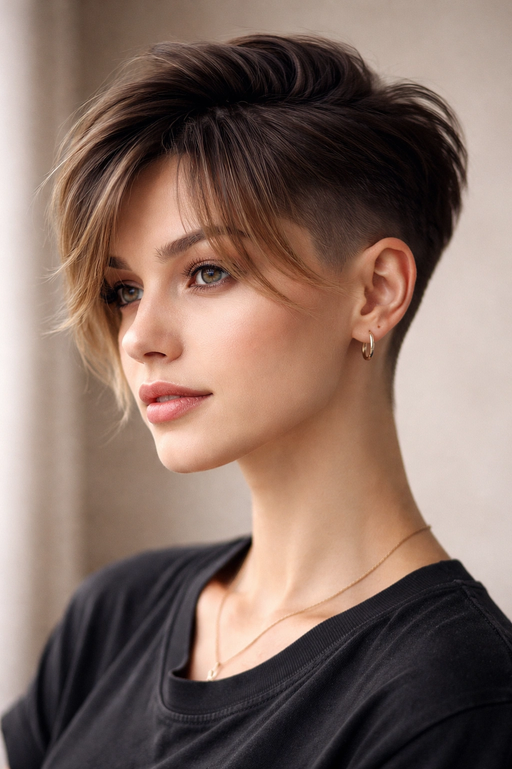 Undercut fade with soft curtain bangs