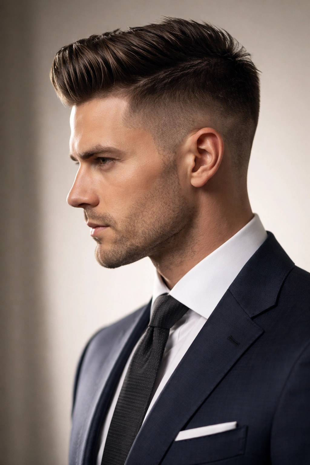 Side-profile of a clean undercut fade with longer top, sharp contrast.