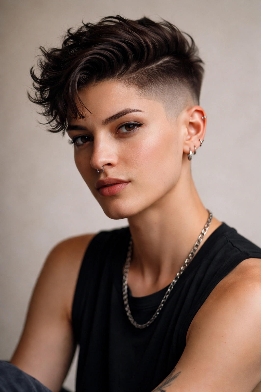 10 Queer Short Haircuts That Make A Statement 1 Close-up portrait of a person with an undercut featuring shaded sides and a textured top.