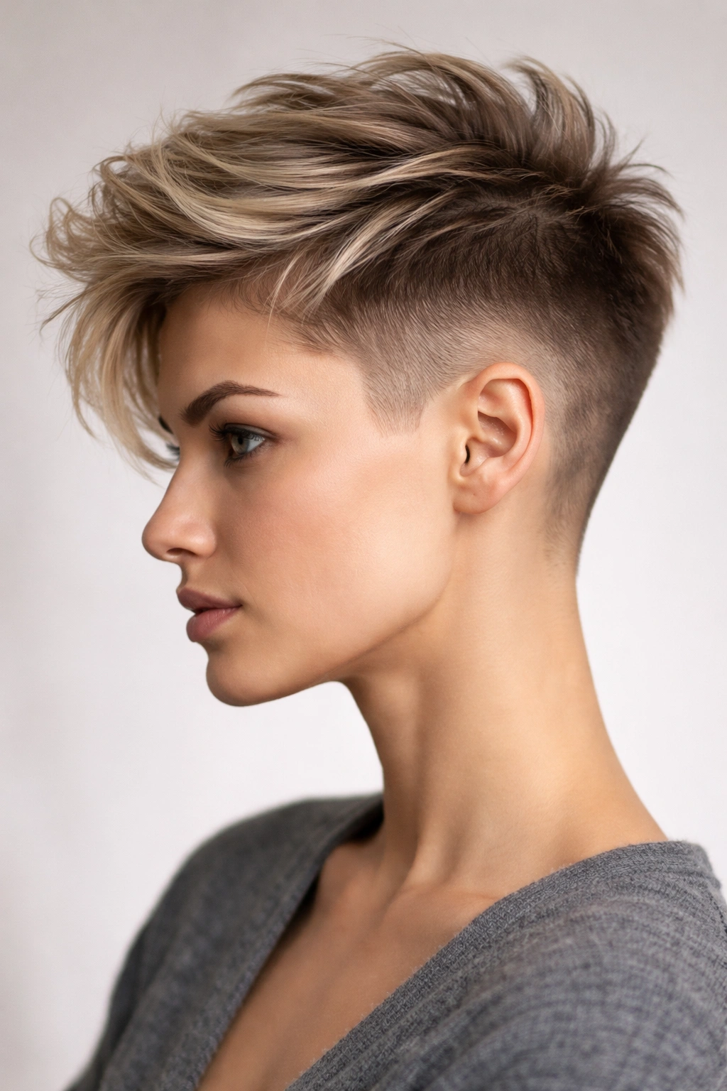 Portrait of a model with an undercut fade and longer top.