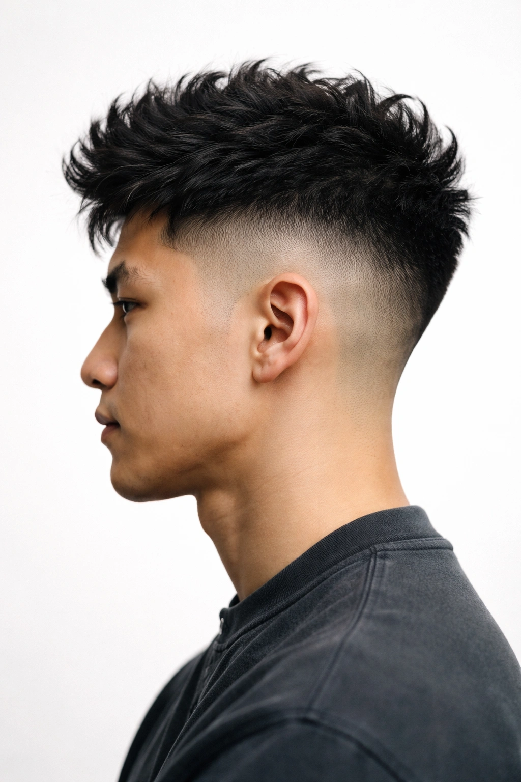 Profile view of undercut fade with textured top on thick coarse hair