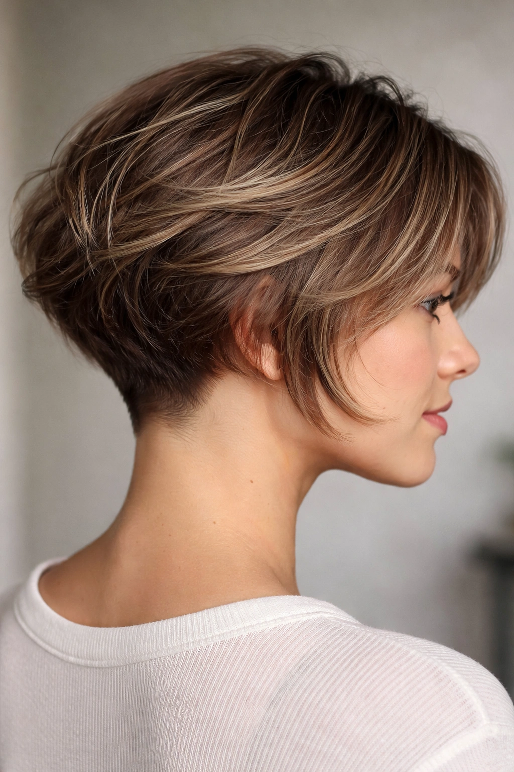 Side view of soft feathered undercut bob showing nape undercut and textured top