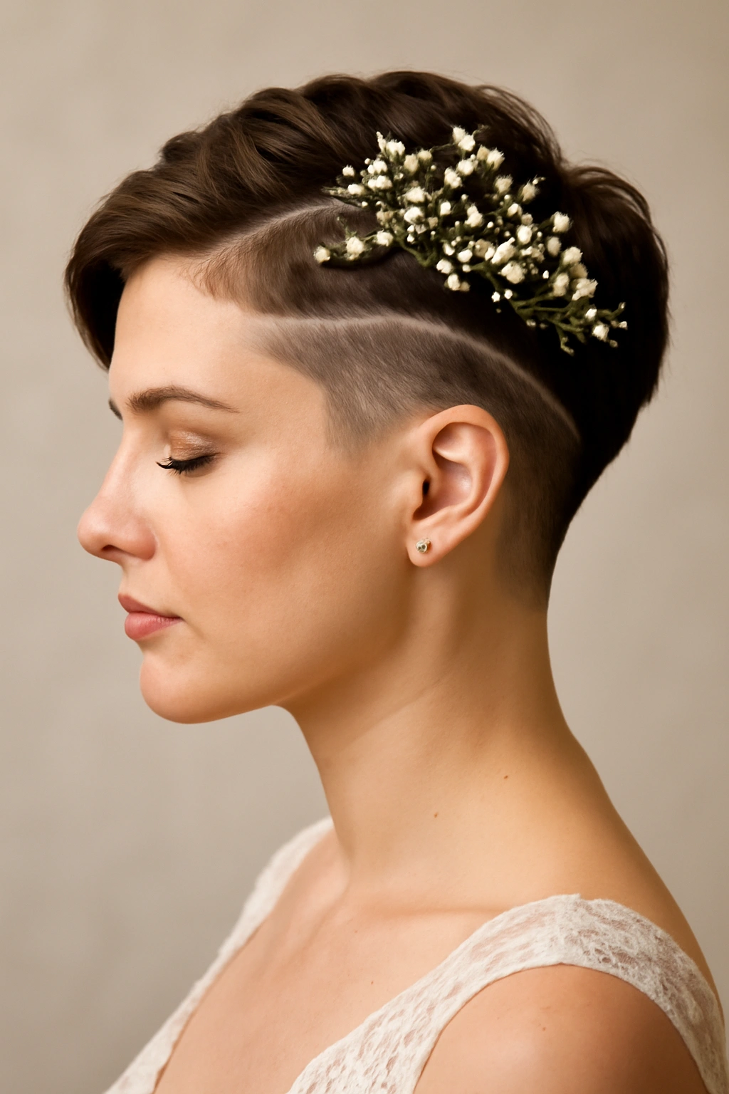 10 Wedding Hairstyles Short-Haired Brides Will Love 4 Bride with geometric undercut and floral accents woven into the top