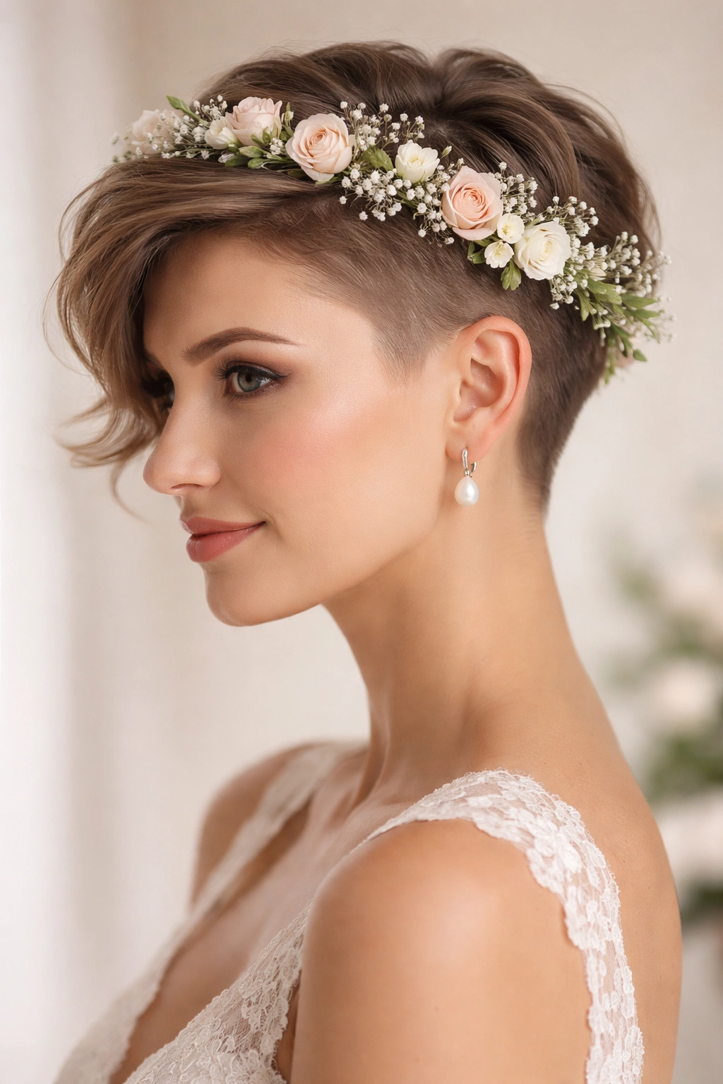 Close-up of a bride's hairstyle featuring a visible undercut with a flower crown