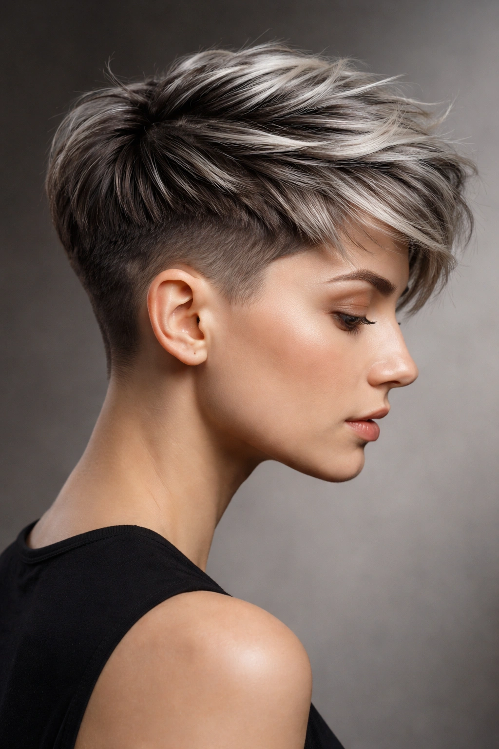 Undercut with very short sides and longer top showing gray highlights