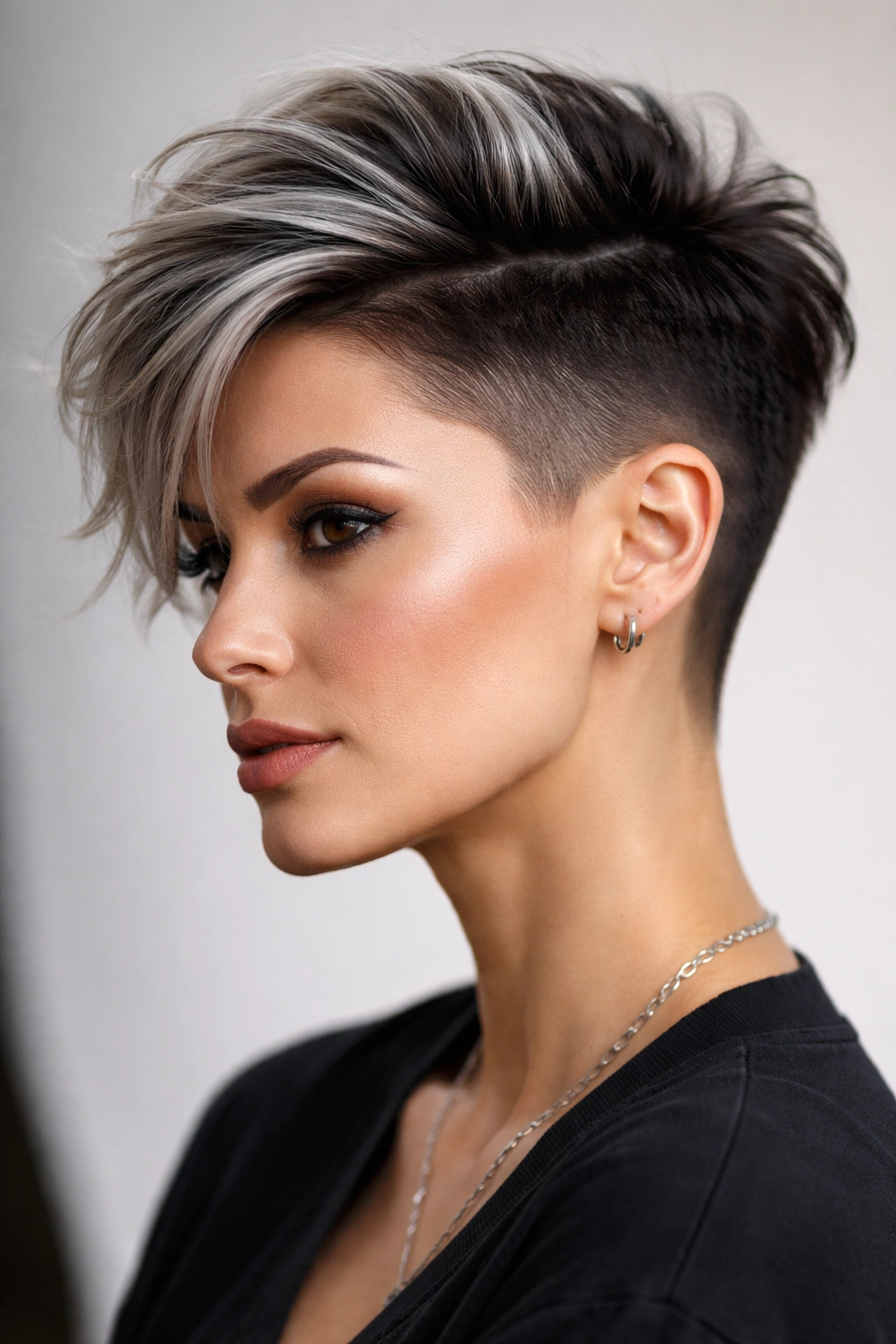 10 Short Haircuts Accented With Soft Gray Highlights 6 Portrait of an undercut hairstyle with gray highlights on the top
