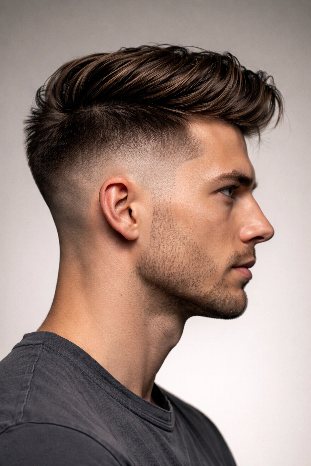 Close-up profile of an undercut showing sharp contrast between long top and short sides.