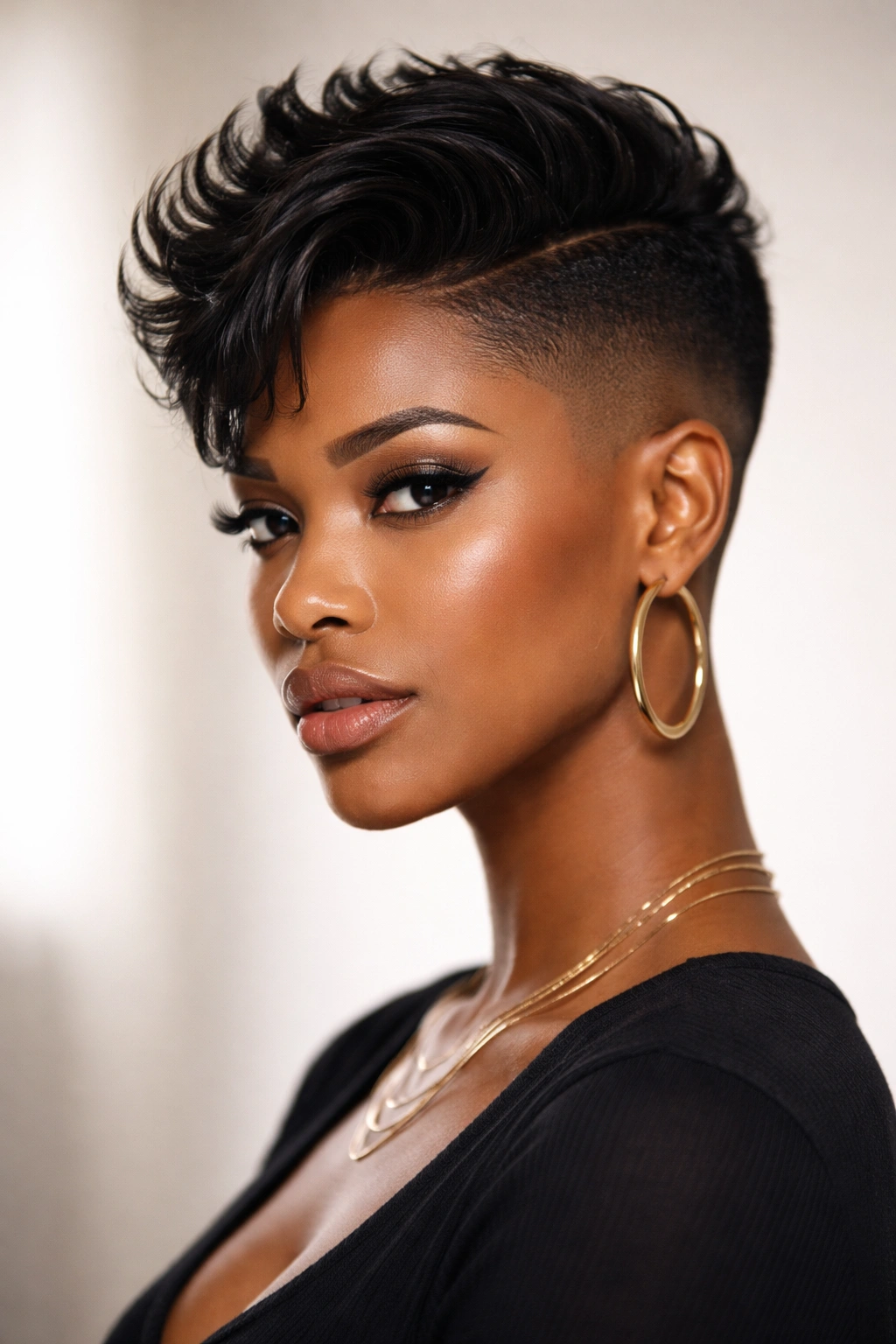 Portrait of a Black woman with an undercut and longer top showing bold contrast