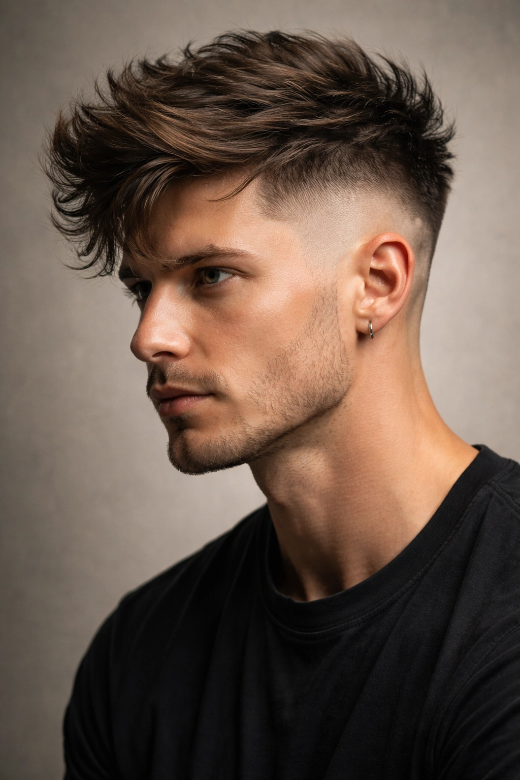 Close-up of a person with an undercut—shaved sides and a long textured top.