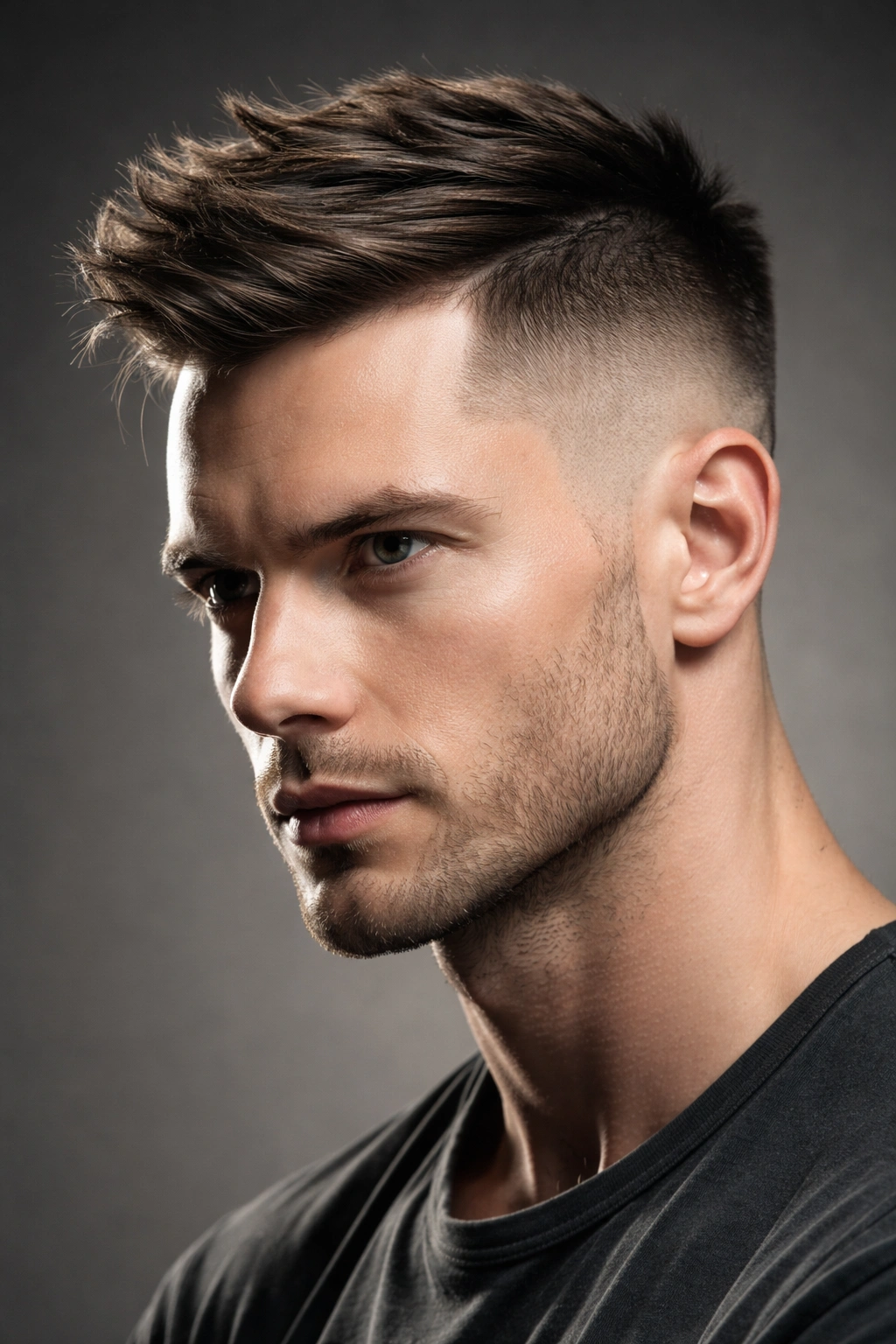 Undercut hairstyle with shaved sides and voluminous top in a studio portrait.