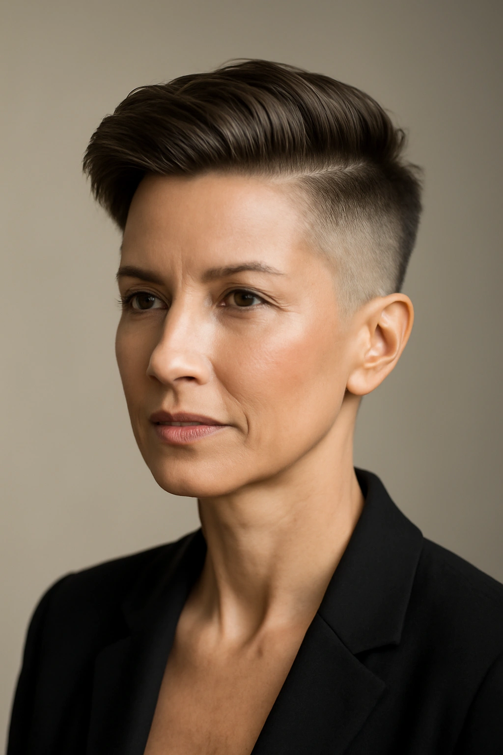 Mother of the Bride? 12 Pretty Short Hair Styles 8 Hairstyle with shaved sides and a longer, sleek top showing strong contrast