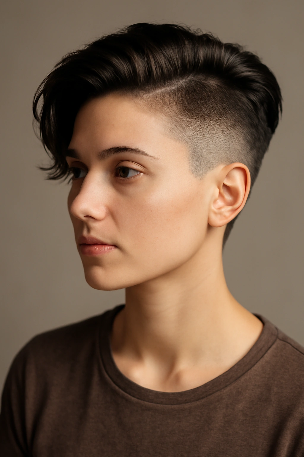 15 Wash and Go Haircuts That Need Almost No Effort 11 Undercut hairstyle with long top and shaved sides in a studio portrait.