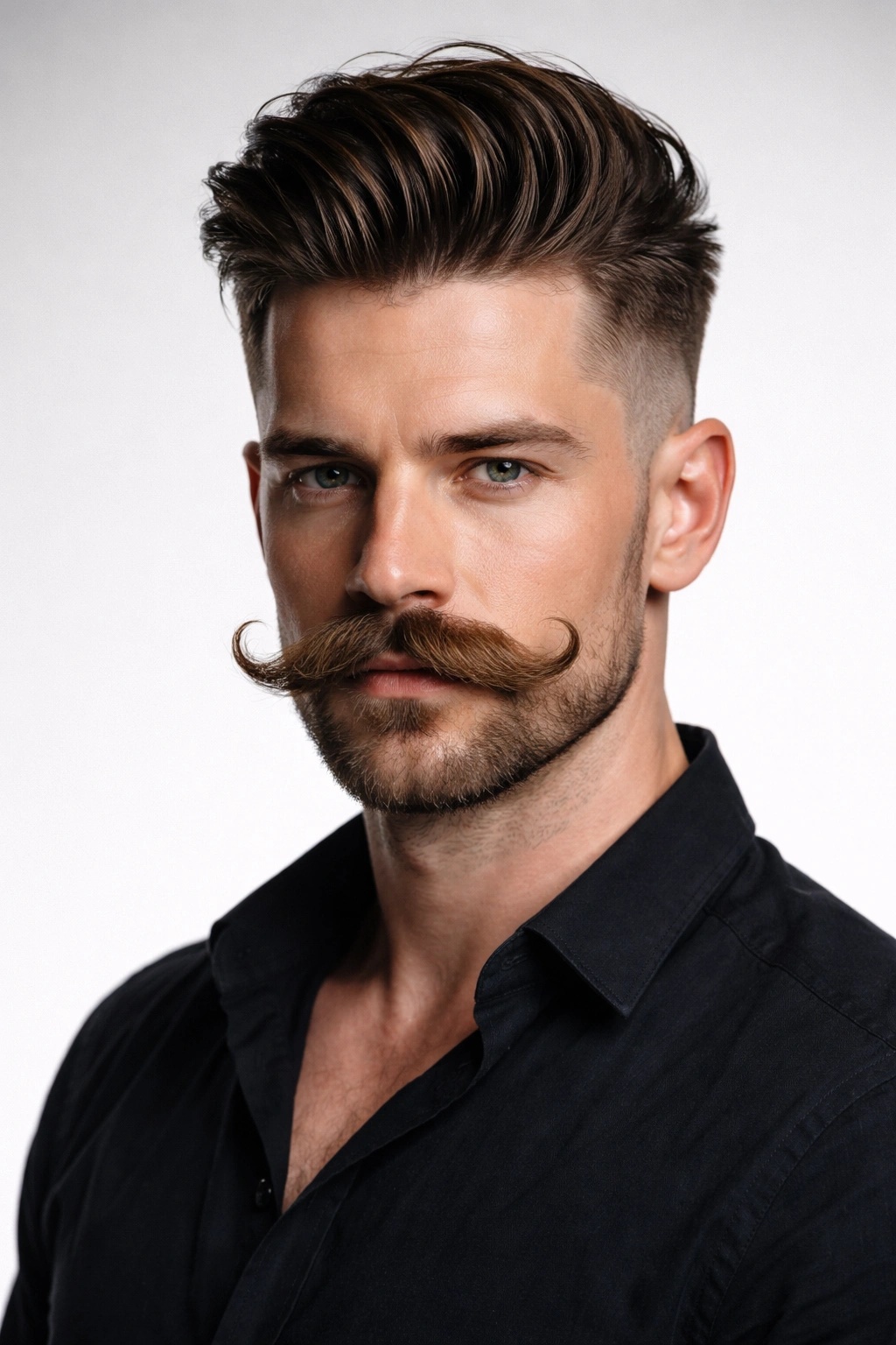 Undercut with imperial mustache showing long top and outward-curling mustache