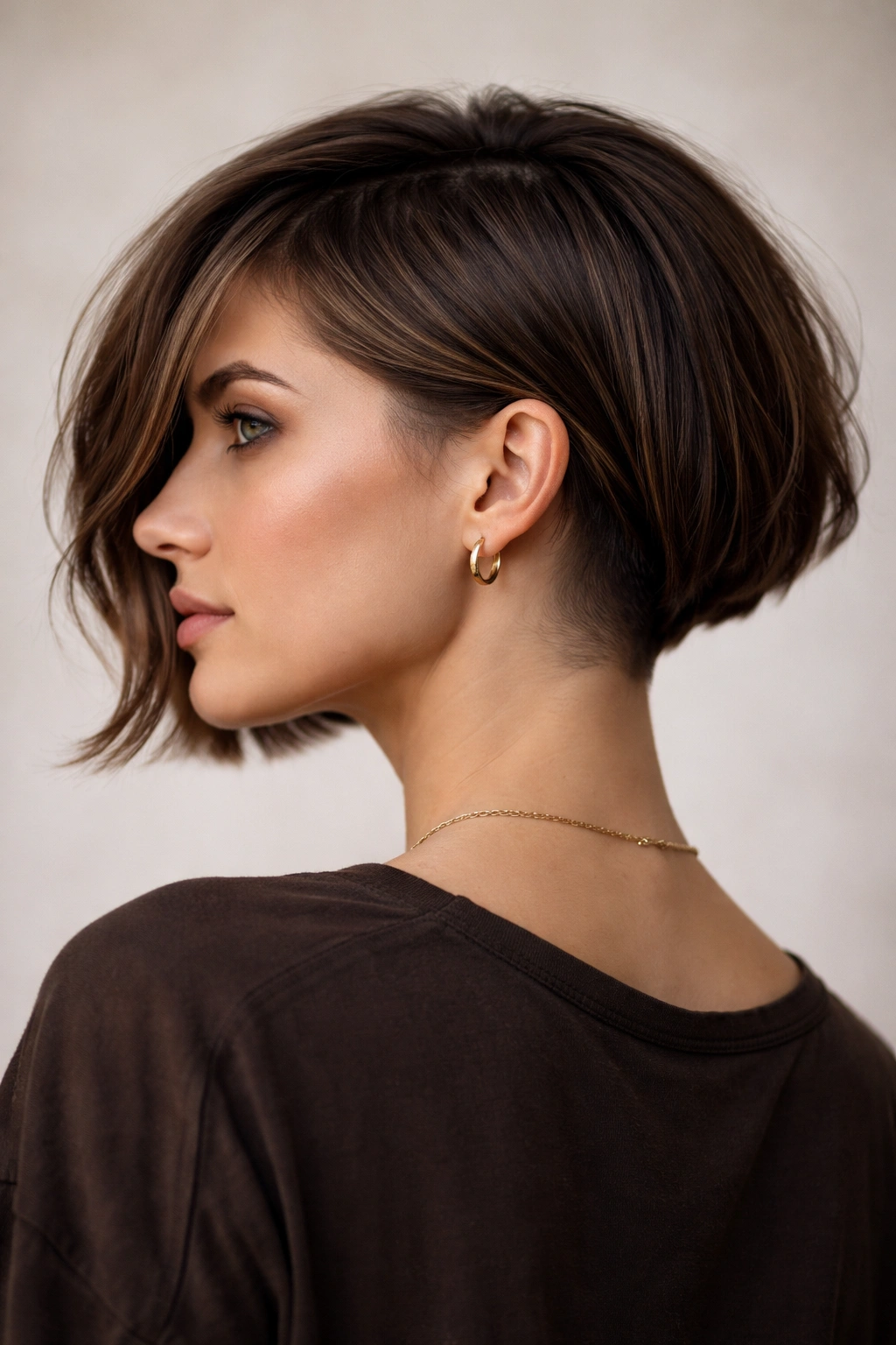 Portrait of a person with an undercut bob showing a hidden undercut when hair is down.