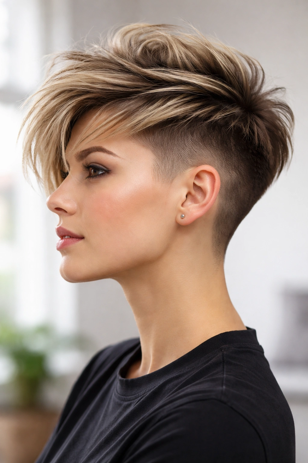 Side profile of The Undercut Layer showing shaved sides and long layered top.