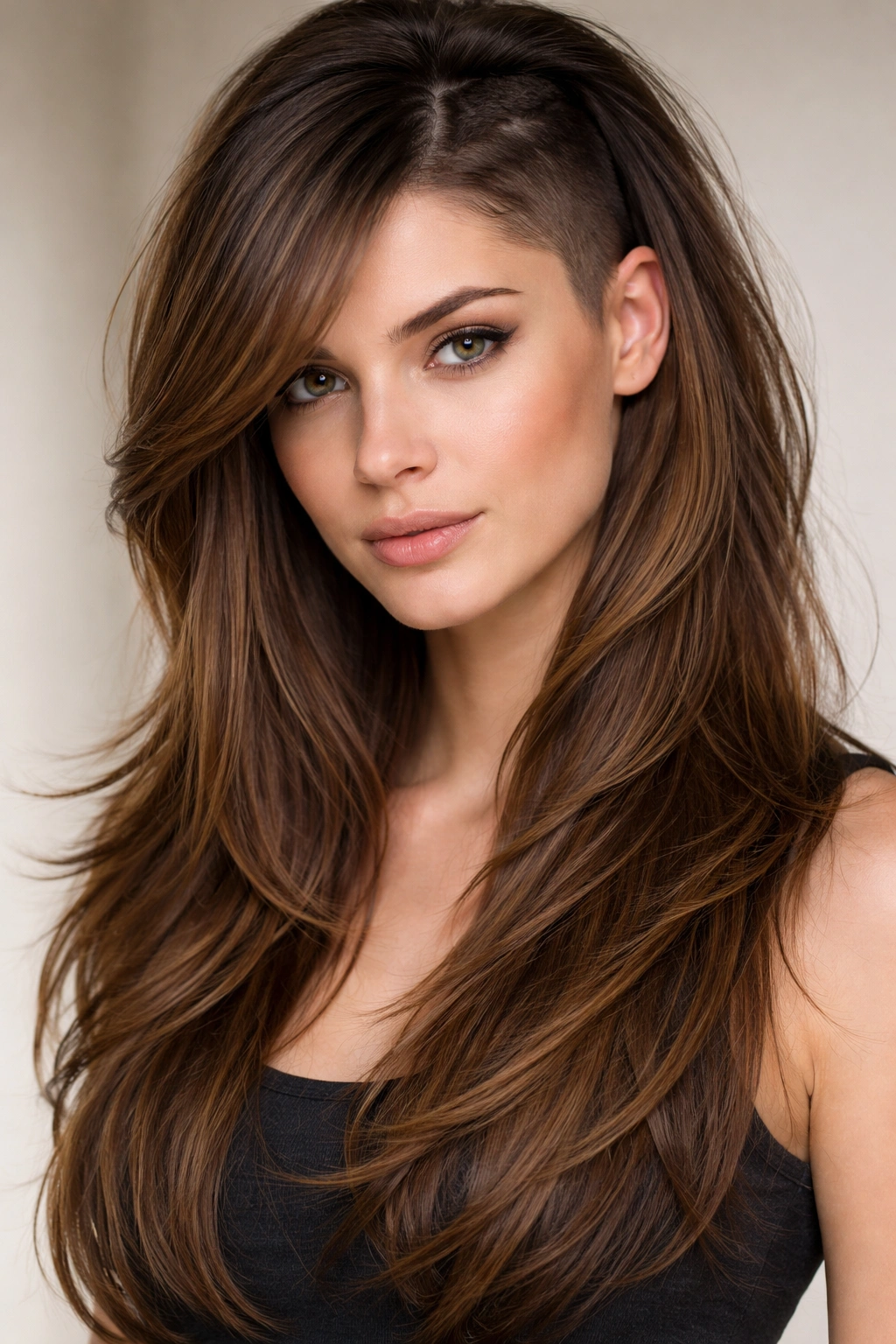 20 Long Face Hairstyles With And Without Bangs 19 Close-up of long layered hair with hidden undercut providing texture