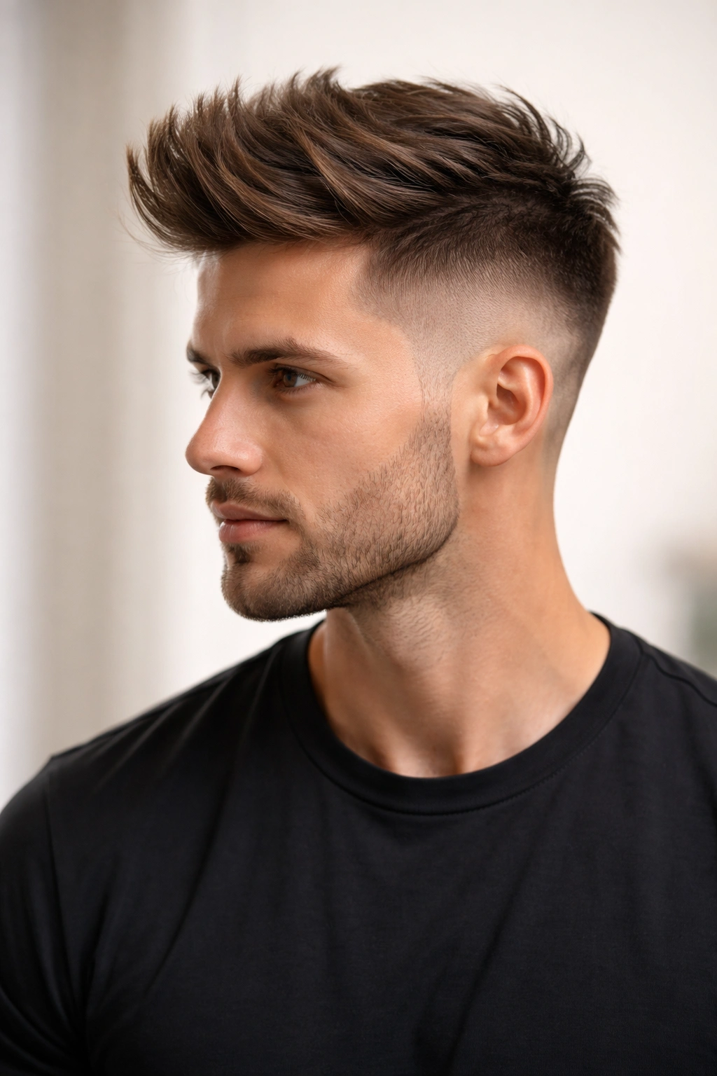 Undercut with long textured top and shaved sides shown in profile.