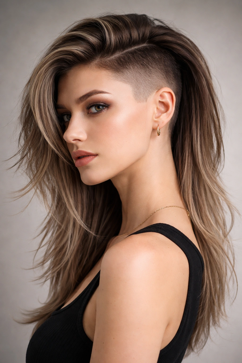 Close-up studio portrait showing a disconnected undercut with long layers, highlighting the contrast between shaved underside and flowing top.